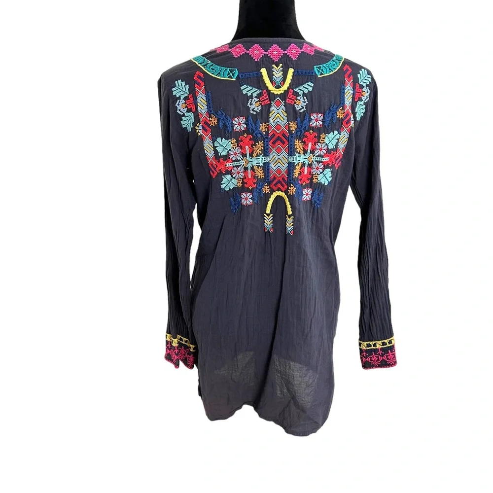 JOHNNY WAS Biya Embroidered Tie Circle Neck Tunic Top EUC SZS - Picture 6 of 7